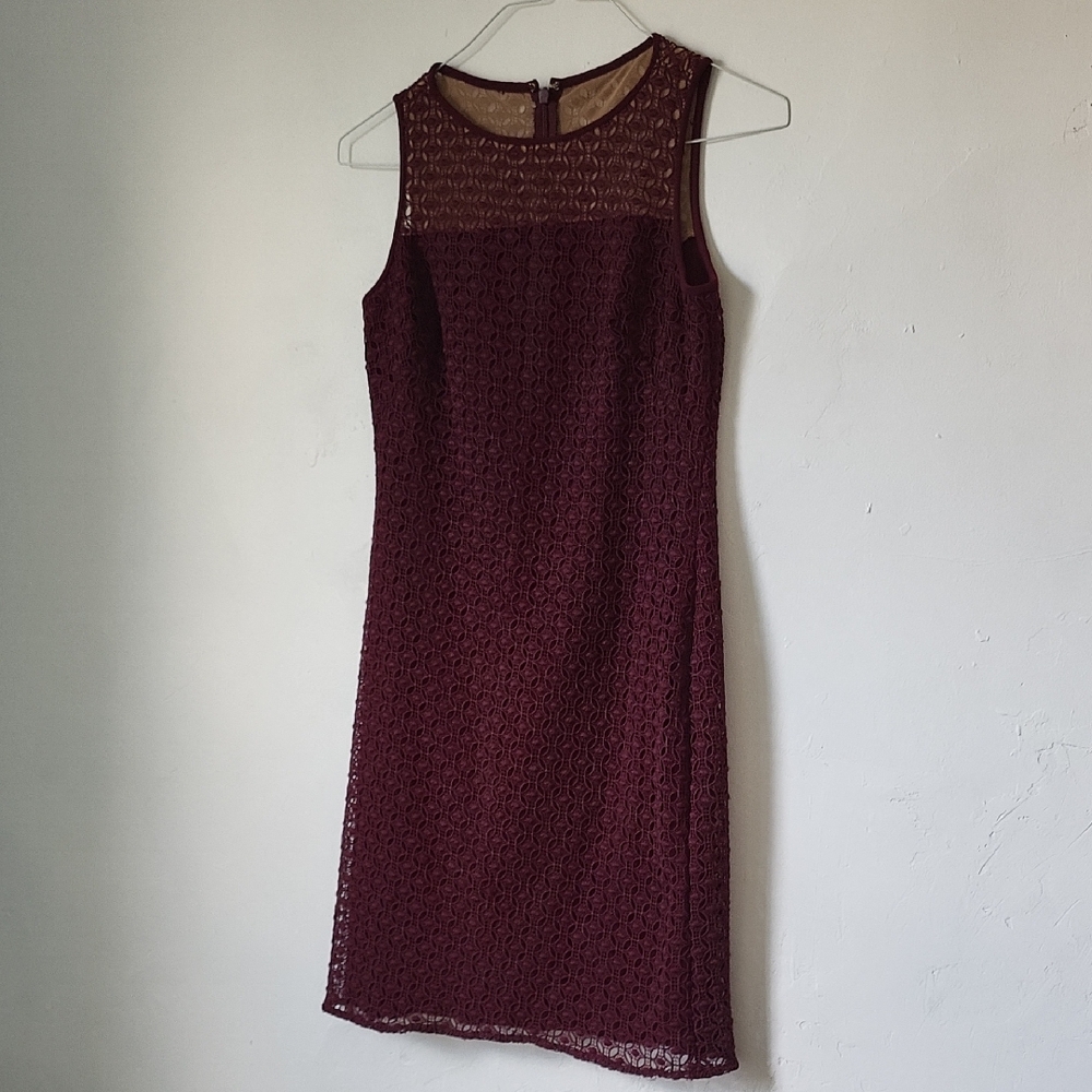 Ralph Lauren Women's Lace-Yoke Burgendy Dress with Floral Design